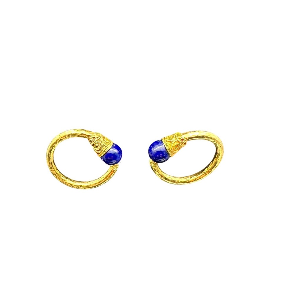 Vintage Etruscan Revival 18K 750 Gold Lapis Lazuli Blue Hoop Earrings Ornate - Picture 2 of 10